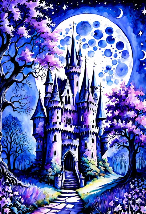 Pastel watercolor High Gothic Soft violet Violet Blue Haunted Abandoned medieval castle Big oak tree Horrible creepy Sinister flowers Enchanting magic twinkling stars Sparkling stars Full moon complex pattern Perfect composition masterpiece Crazy detail Ex...