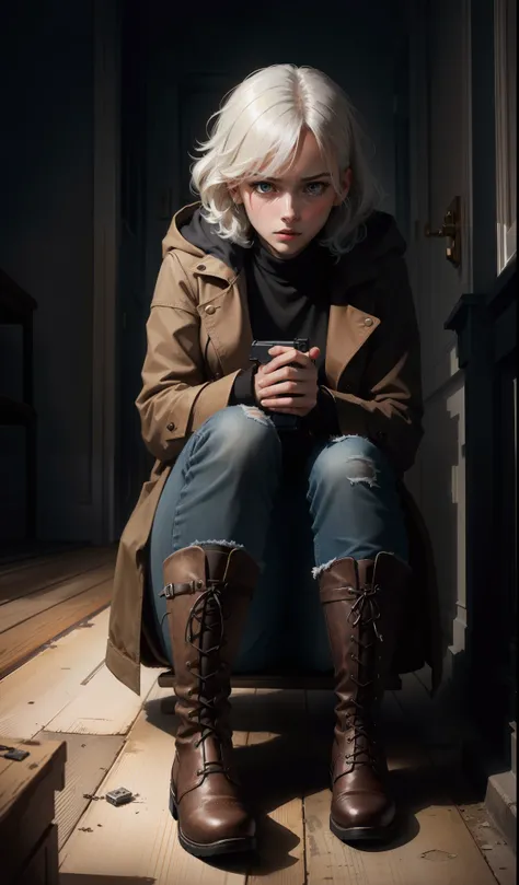 (suspense scene ((CONCEPT ART)), extremely detailed with a girl wearing jeans with brown coat and boots), (better lighting, better shadow, an extremely delicate and scary), (digital illustration), ((4k painting)), [(dynamic angle,((1girl)),white hair, (bea...