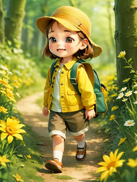 A very cute little girl，Happily carrying a small schoolbag on the forest path，Enjoy a beautiful spring walk，Surrounded by beautiful yellow flowers and nature. The illustration is a high-definition illustration in 4K resolution，With very detailed facial fea...