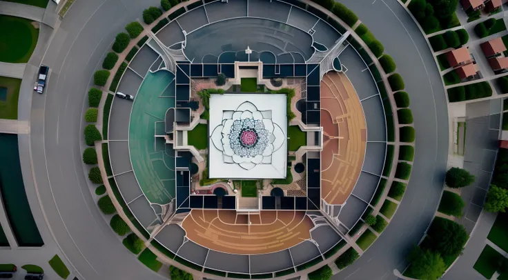 Aerial view of the square building，There is a fountain in the middle, a beautiful buddhist mandala, giant lotus mandala, color aerial photo drone, upper view, top - view, View from above, Yantra, looking from above, shot from above, photo taken from above,...