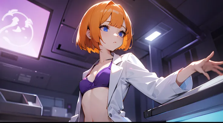 Wearing a doctors lab coat、Girl with pale orange hair、petite body、Undersized breasts、Blue eyes、Suspicious Lab、natta、bob cuts、purple color lighting、Purple sports bra and panties、