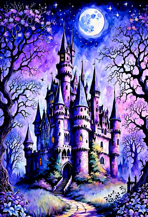 Pastel watercolor High Gothic Soft violet Violet Blue Haunted Abandoned medieval castle Big oak tree Horrible creepy Sinister flowers Enchanting magic twinkling stars Sparkling stars Full moon complex pattern Perfect composition masterpiece Crazy detail Ex...