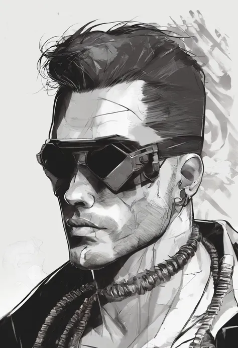 a drawing of a man with sunglasses and a necklace on his neck, tyler durden, cyberpunk street goon, he wears an eyepatch, cyberpunk dude, goggles around his neck, has cyberpunk style, in cyberpunk style, molly from neuromancer, josan gonzales!!!, 90s comic...