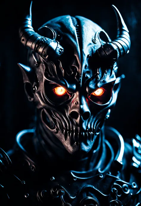 Portrait of a demon cyborg ghost, A mask, Cinematic, Melancholy, Dynamic lighting, Dark background,