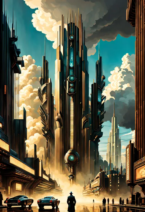 cyberpunk, opulent, decadent, dark, future, chrome, tower, searchlight, clouds, smog architecture, landscape masterpiece, shadows, expert, insanely detailed, 4k resolution, intricate detail art deco, aj casson