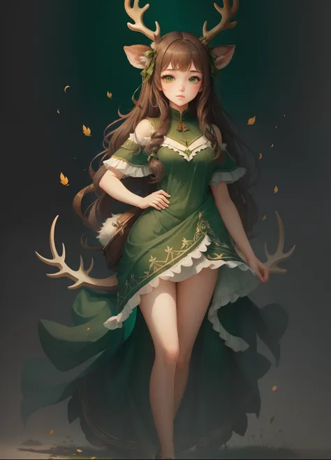 best quality,masterpiece,illustration,1girl,solo,full body,Blank background,Deer ear,antler,Green tone,Deef Lower  body --auto --s2