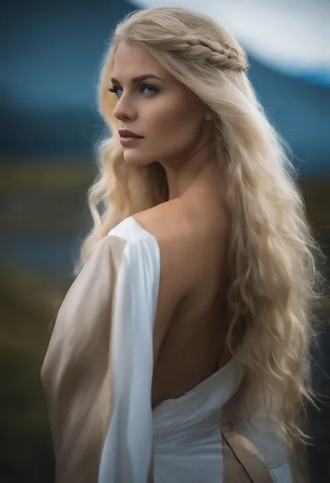 Nordic Valkyrie, long blonde hair. fierce blue eyes, full nude body, perfect medium tits, she is showing her perfect ass, view from behind