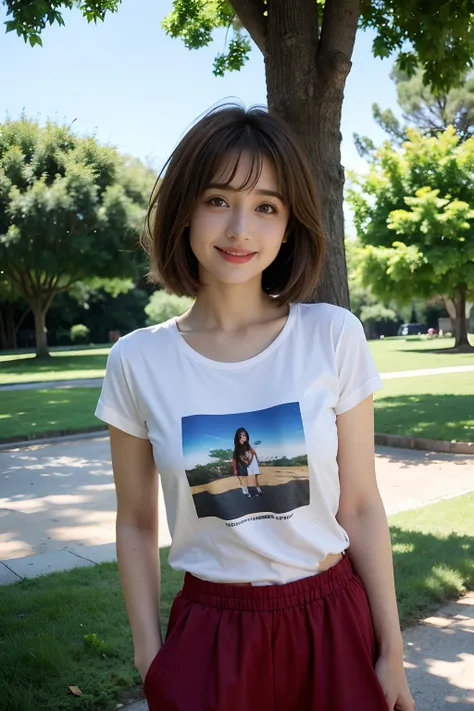 maestra,La mejor calidad, Muy flaca india Allison Mack , brown hair , ,. labios rojos ,Cabello largo , , no selfie , profundidad de campo, no feliz, , without smiling ,,, camiseta roja , Pantalones Jens , mirando al espectador, en el parque