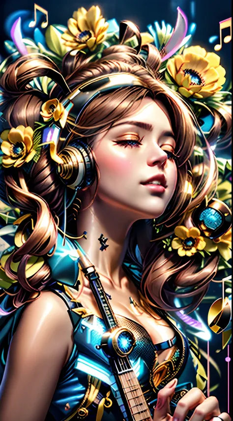 um close up de uma mulher com fones de ouvido e uma guitarra, Beeple e Jeremias Ketner, exquisite digital illustration, bela arte digital, Beautiful digital illustration, stunning digital illustration, lindo arte digital, com fones de ouvido, Artgerm e Jam...