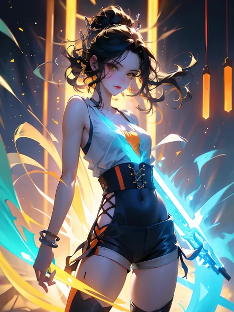 Bright lens: 1.3), epic realistic, Yellow eyes, Girl Raiders, (One girl), Light gray opaque short-sleeved top, Transparent waist fabric, Wavy curls 1.4, (Dark blue hair), Short hair, Dark blue and orange color scheme, (Light green shorts), The aesthetics o...