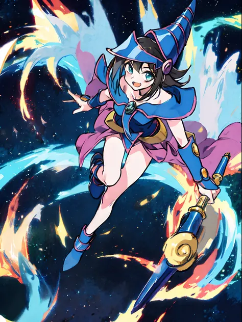 dark magician girl flying on a wand, full body