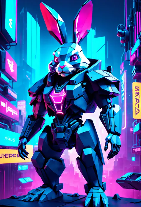 low-poly style Easter Bunny, (reimagined in a cyberpunk universe), (cyberpunk style), (cyberpunk), (augmentation), cybernetics, glowing neon lights, cinematic scene, hero view, action pose, beautiful 8k, detailed background, masterpiece, best quality, high...