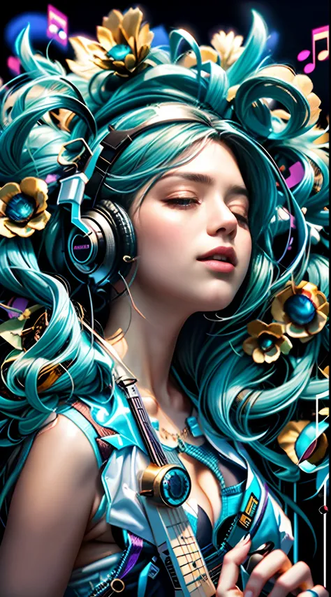 um close up de uma mulher com fones de ouvido e uma guitarra, Beeple e Jeremias Ketner, exquisite digital illustration, bela arte digital, Beautiful digital illustration, stunning digital illustration, lindo arte digital, com fones de ouvido, Artgerm e Jam...