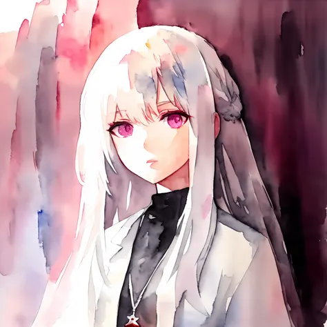 female, petite, young adult, pink eyes, white hair, braid, white trenchcoat, black jumpsuit, communist, ((watercolor painting)),...