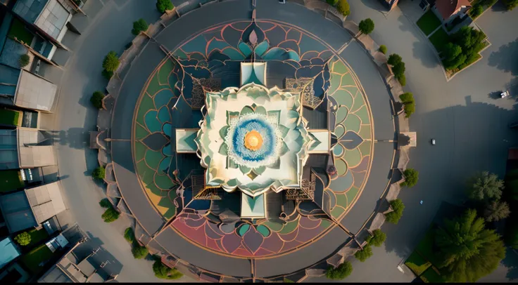 Aerial view of the square building with a fountain in the middle, a beautiful buddhist mandala, giant lotus mandala, color aerial photo drone, upper view, top - view, View from above, Yantra, looking from above, shot from above, photo taken from above, nan...