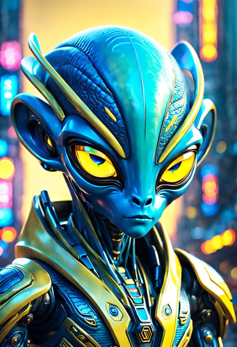 Animee style, cyberpunk Cute blue yellow Alien as a mystical alien god Detailed eyes, colorful skin:1.2). Scales, skin patterns, (alien head) chinese background Cinematic, Blurred background, sharp focus, volumetric lighting rim light, sunset