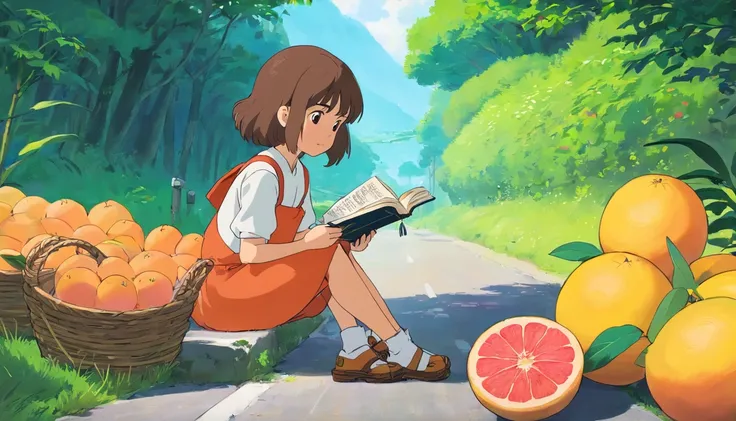 A little girl sitting on the side of the road reading a book，Next to it are two baskets of grapefruit