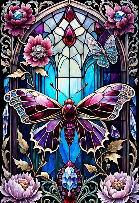 triadic colors, cinematic, official art, close fairytale transparent glass moth ruby peony flowers, ice hoarfrost, baroque, crao...