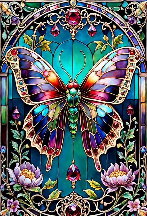 triadic colors, Cinematic, offcial art, Close fairy tale transparent glass moth ruby peony flower, icecreen, baroque, craola, Highly detailed stained glass wing, Amethyst crystals, Labradorite iridescent crystals, Andy Keeho, John Blanche, Complex and high...