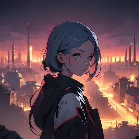 (zero), Girl looking at the ruined city on the roof, Lo-fi images,Retro, flat,2.5D, night lights, Rooftop view, Neon Scape, Beautiful colorful night sky,sao ,Crazy painting, intricate eyes, Minimalist, Analog Color Theme, Fantasy ,line-art, Ink Drawing, La...