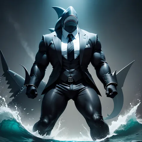 Humanoid  shark muscled ,  with a sharks head black with  a tail with 2 huge arms ,  in suit with a tie , full body