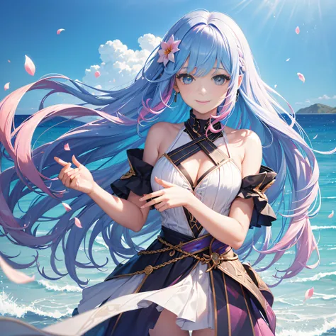 1 girl, (Iridescent hair, Colorful hair, Half blue and half pink hair: 1.2), 17 years old, Blue_skyporn, holding a magic wand, Summer (season), flower petals_SUI_Liquid, Hooded black cloak, Red and black ripped dress, Skirt: 1.2, (gold long curly hair: 1.5...