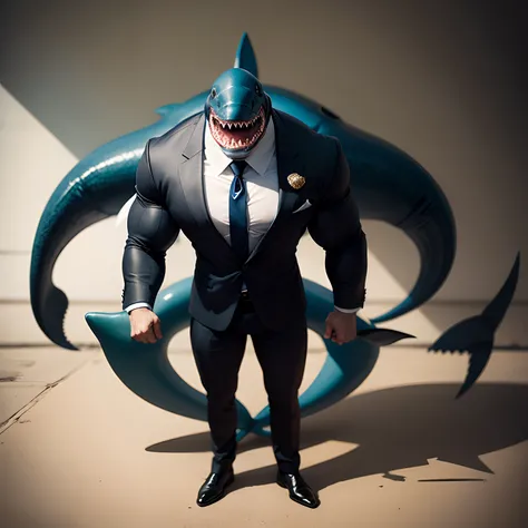 Humanoid  shark muscled ,  with a sharks head black with  a tail with 2 huge arms ,  in suit with a tie , full body