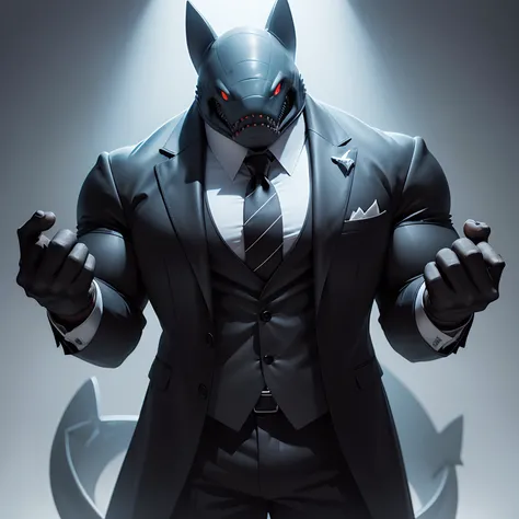 Humanoid  shark muscled ,  with a sharks head black with  a tail with 2 huge arms ,  in suit with a tie , full body