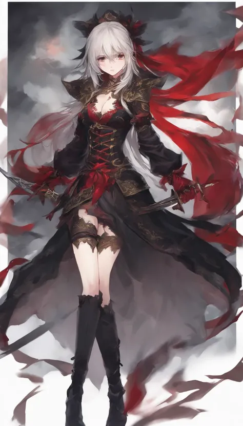 In the shadows、Mysterious scene，There was a woman in a black dress，She held two swords that flashed with cold light，Behind him is a blood-red moon。The womans name is Blood Raine，She is a character from a video game。She is an evil killer，Known for its ruthl...