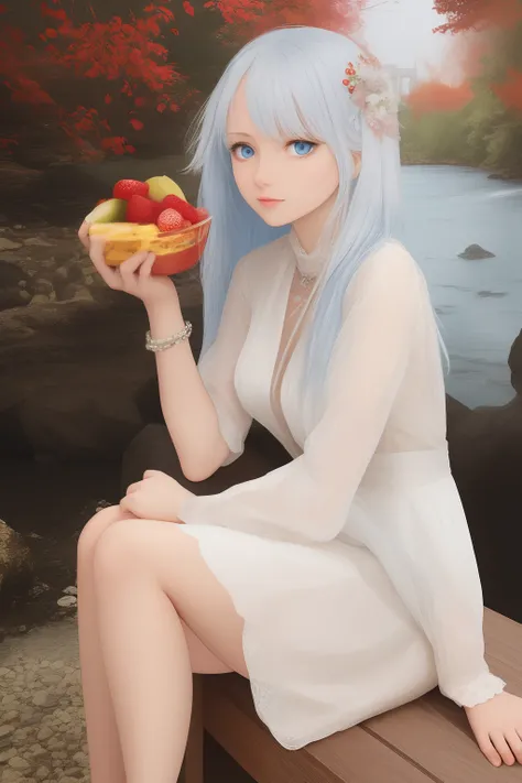 1girl, crkparfait, blue eyes, long hair, white hair multicolored hair, fruit, food, food-themed hair ornament, dress, sleeves past wrists, river, sitting