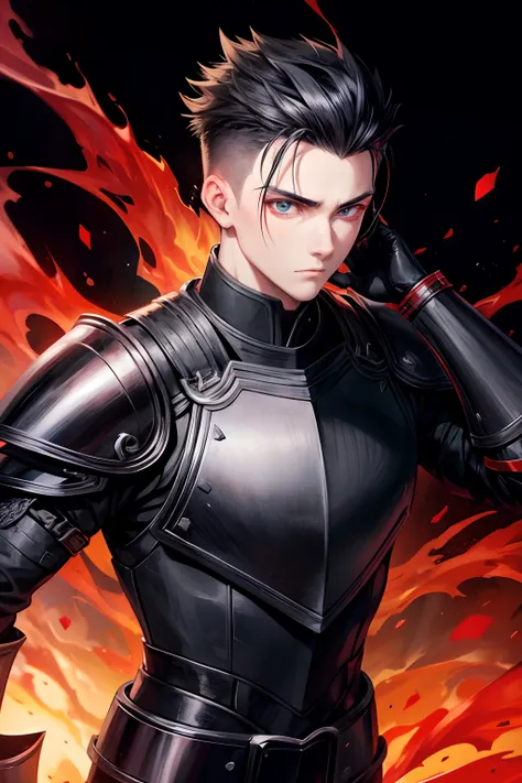 anime eyes, a young man, Black quiff hair with fade, black armor with red details, black background