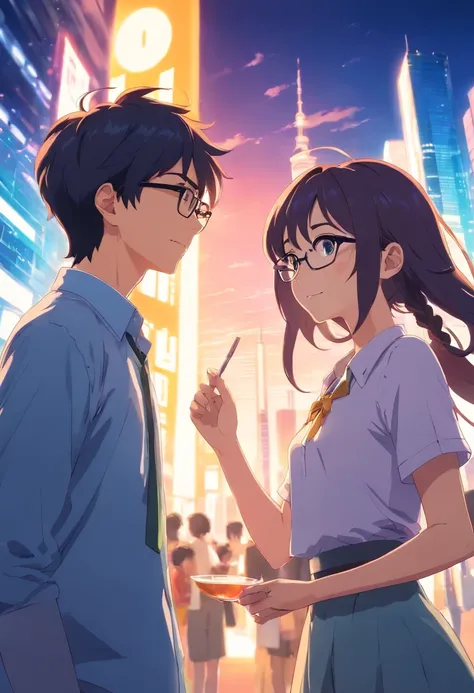 glasses couple anime happy anniversary, tall girl