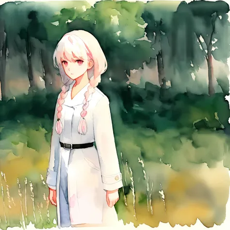 female, petite, young adult, pink eyes, white hair, braid, white trenchcoat, black jumpsuit, communist, (watercolor painting), h...