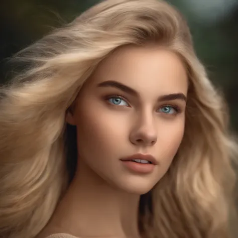 realistic 18 years old woman with blonde hairs and natural eyes