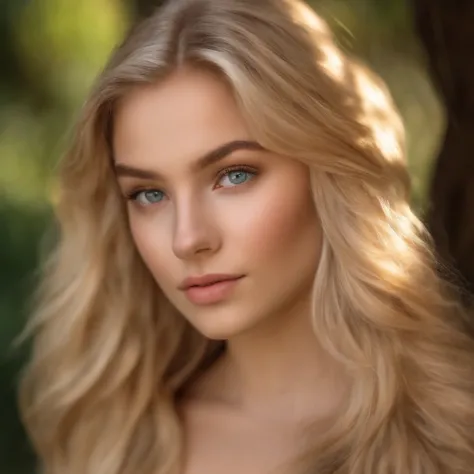 realistic 18 years old woman with blonde hairs and natural eyes