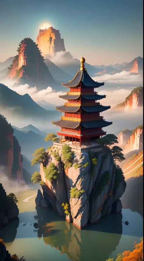 ((Top view, High angle view, Focus composition)), sunset gradient, moonlit night, halo, beautiful light, beautiful shadow, lighting effects, autumn, ancient Chinese architecture, many traditional Chinese buildings on floating islands, where there are many ...