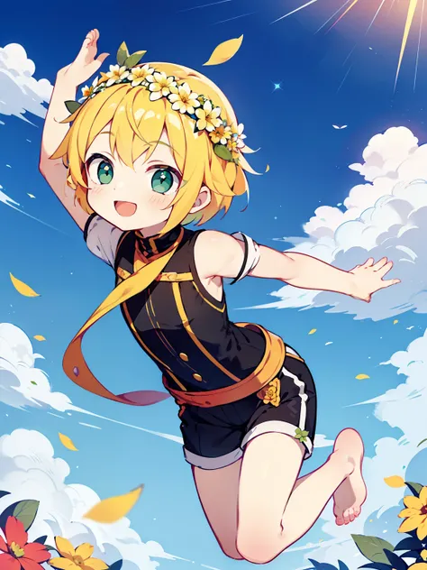 (Best quality, Masterpiece:1.2), Colorful, vibrant, 1 boy, Cute, with yellow hair, with short hair, Wearing a (Green) short- sleeved, A flower crown is worn on his head, Wearing black pants, leaping with arms up, Smiling widely, Barefoot, with dynamic angl...