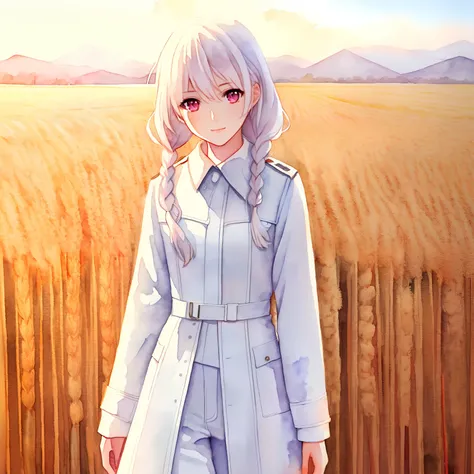 Female, petite, young adult, pink eyes, white hair, braid, white trenchcoat, black jumpsuit, communist, (watercolor painting), high resolution, best quality, shadows, soft lights, impasto impressionism, (linear art), ((wheat field)), (((very detailed))), s...