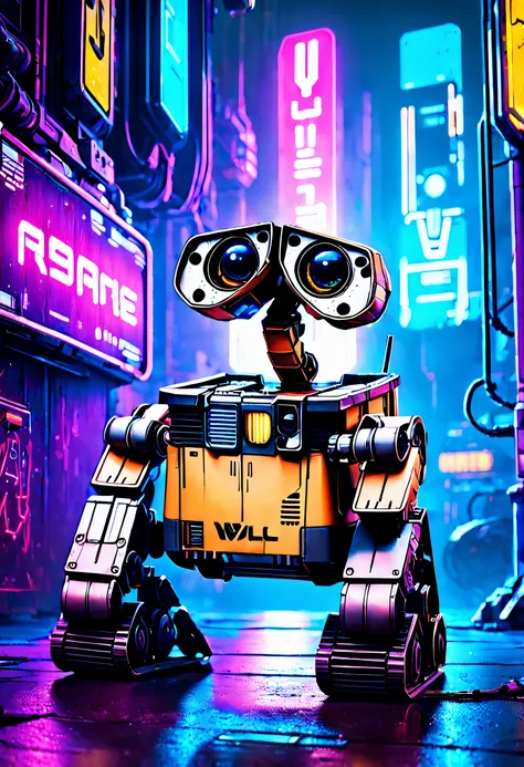 wall-e, robot, (reimagined in a cyberpunk universe), (cyberpunk style), (cyberpunk), (augmentation), (cybernetics), glowing neon...