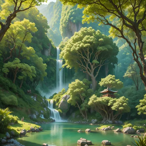 Chinese ancient times, spring, jungle, lake, cave, waterfall, tree, meadow, rock, deer, hot spring, water vapor, (illustration: 1.0), epic composition, realistic lighting, HD details, masterpiece, best quality, (very detailed CG unified 8k wallpaper), oil ...