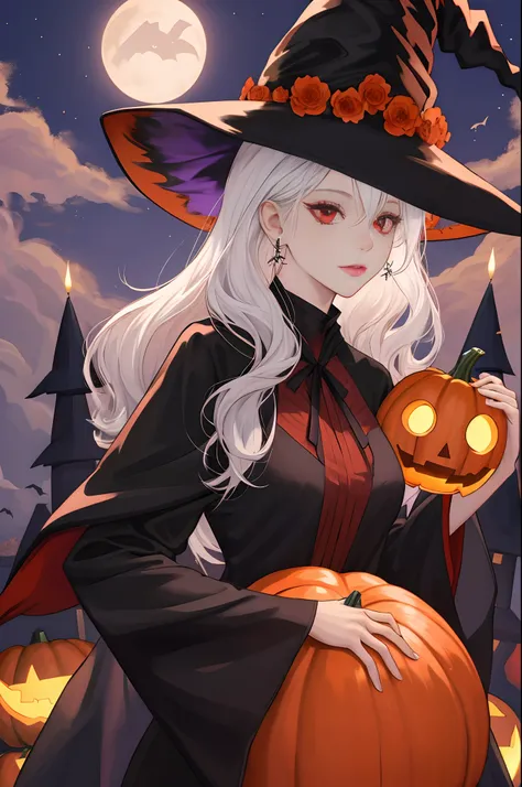 Theres a woman in a witch costume holding two pumpkins, a witch hat, a witch outfit, a black outfit, white hair,  Halloween night background, red eyes, a pretty girl