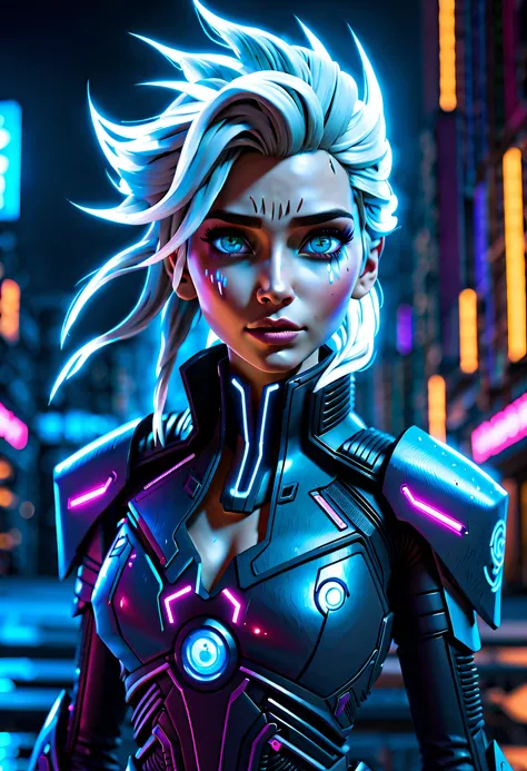 Elsa, Frozen, Snow, Snowing, Ice, Lightning, casting ice magic, magic circles, (reimagined in a cyberpunk universe), (cyberpunk style), (cyberpunk), cyberpunk outfit, punk hair, (augmentation), cybernetics, glowing neon lights, cinematic scene, hero view, ...