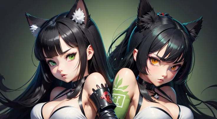 Anime Girl Manga Base Model Furry Cartoon Monster Girl Wallpaper Illustration Set Design Game Design Girl Black Hair Wiggle White 2D Illustration Samurai Fighting Pose Green Hentai Background