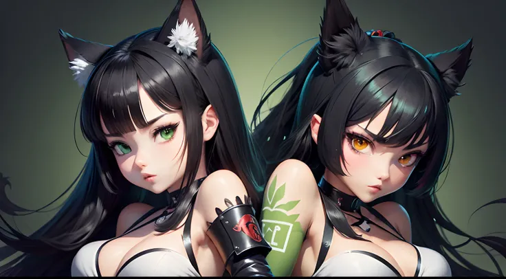 Anime Girl Manga Base Model Furry Cartoon Monster Girl Wallpaper Illustration Set Design Game Design Girl Black Hair Wiggle White 2D Illustration Samurai Fighting Pose Green Hentai Background