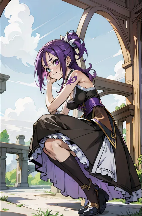 Colorful, Up-close, purple color  hair, Ultra-realistic hair quality, Vibrant colors, Young Girl, 14years old girl, Beautiful long hair, Shiny hair, detailed hairs, Hair Ribbon, Single-sided up, Reo Mikage, Blue Lock, no sleeves, Sleeveless, open shoulders...