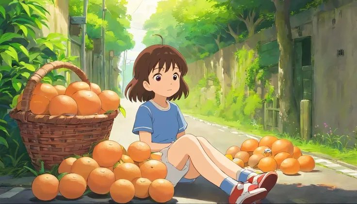 Little girl sitting on the side of the road，Look up and speak，There are two baskets of grapefruit in front