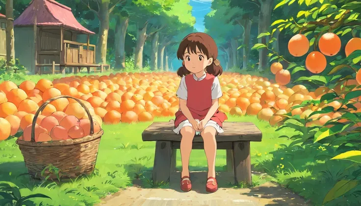 Little girl sitting on a small stool on the side of the road，Look up and speak，There are two baskets of grapefruit in front