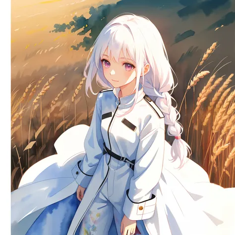 Female, petite, young adult, pink eyes, white hair, braid, white trenchcoat, black jumpsuit, communist, (watercolor painting), high resolution, best quality, shadows, soft lights, impasto impressionism, (linear art), ((wheat field)), (((very detailed))), s...