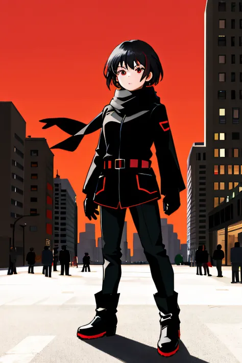 superhero girl, red eyes, short black hair, cute face, black scarf, black coat, black black long shirt, black long pants, black long boots, black gloves, ((normal city in background))