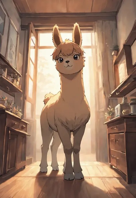 An alpaca stands in the living room